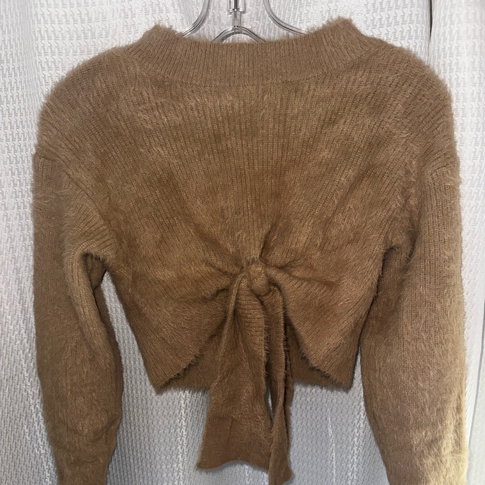 Cropped Tie Brown Fuzzy Sweater